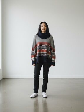 Autumn Cashmere Oversized Turtleneck Fair Isle Sweater Navy, Gray & Rust Size S